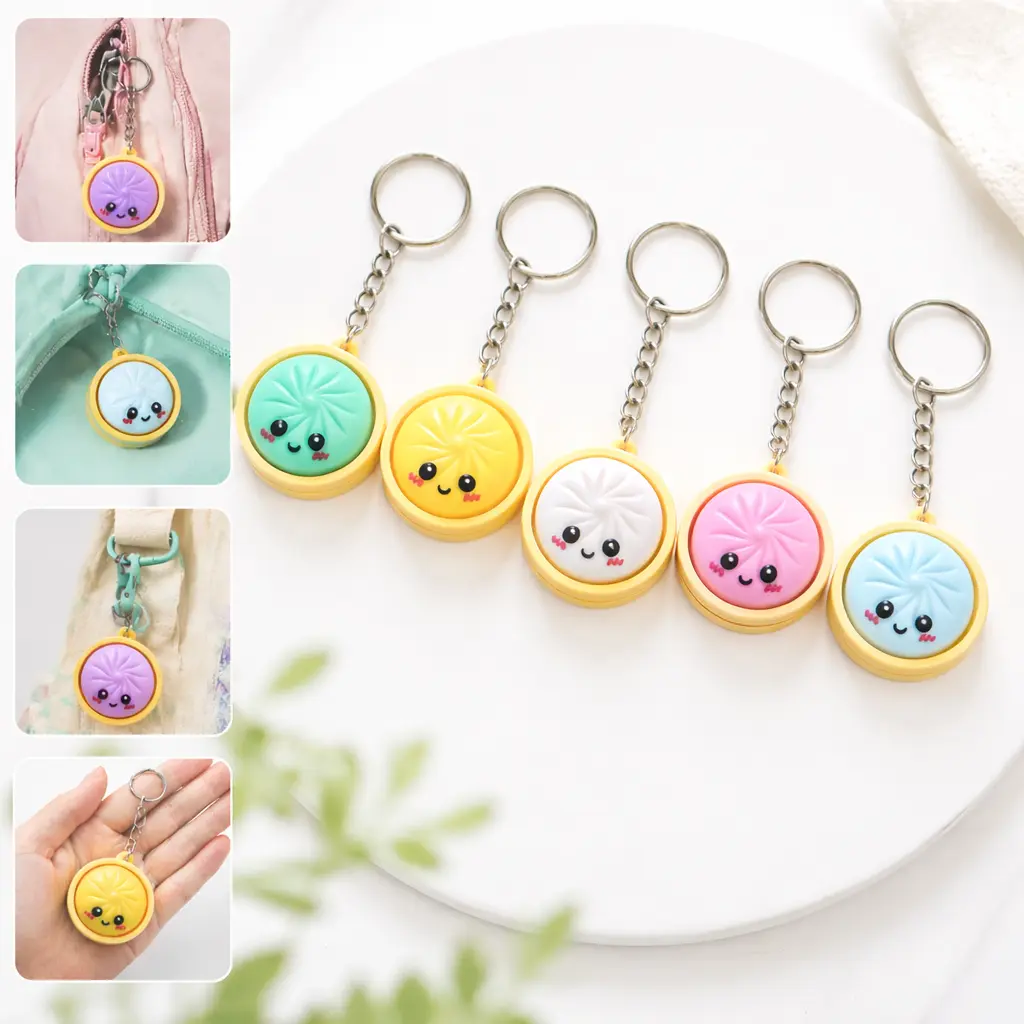 6-piece mini dumpling pendant keychain set, colorful and fun backpack charm, cute backpack accessory, bouncy and durable texture, compact and multifunctional design, suitable as a fashionable gift for students and friends, stylish and cute keychain