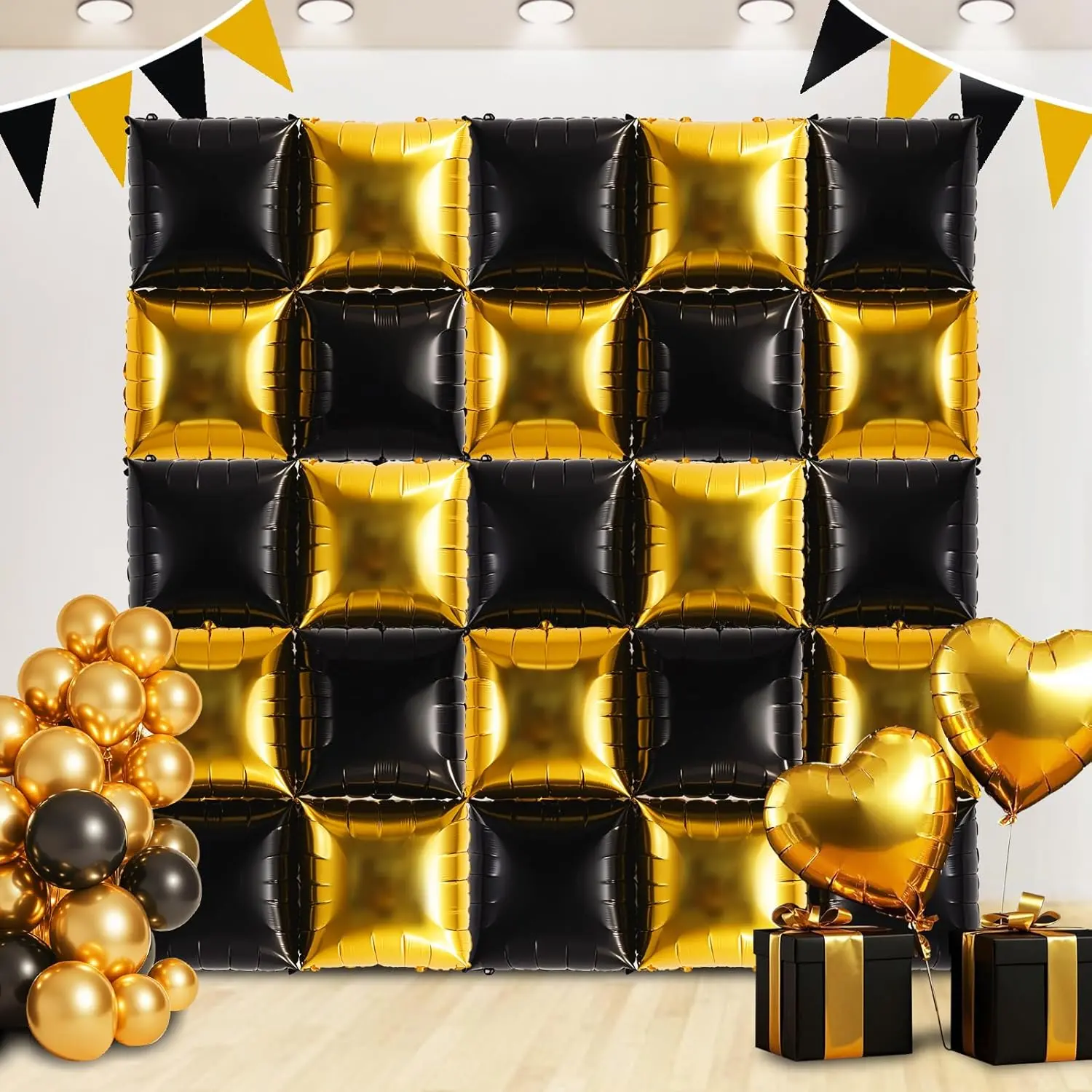 30-Piece Gold & Black Square Foil Balloon Kit - Double-Sided Mylar, Backdrop, Garland, Arch for Events & Parties