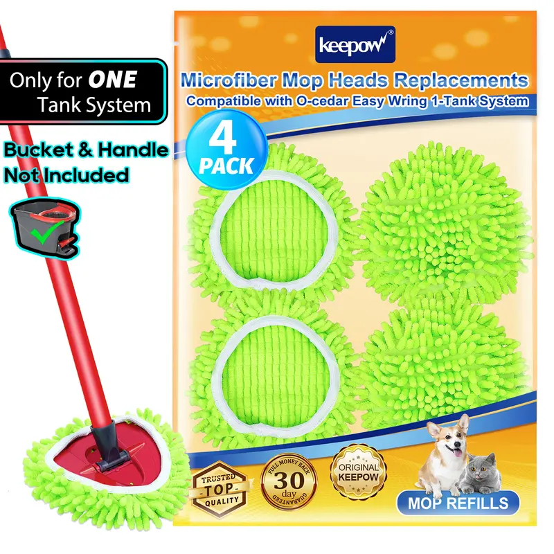 Keepow Reusable Chenille Yarn Mop Head Refills - 4-Pack Absorbent Reusable Mopping Heads, Fits O-Cedar Base, Compatible with EasyWring 1-Tank System, Stretch Strap, Great for Kitchen Office Home (Kitchen Glass & Wall Clean, Handle Not Included)