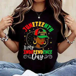 Juneteenth Independence Day Black Woman With Afro And Cap 1865 Print T Shirt White Crew Neck Casual Wear For Leisure And Sports