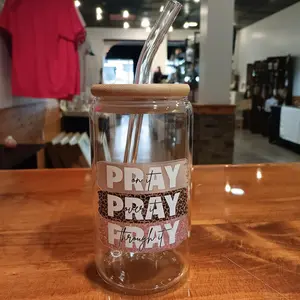 Pray Pray Pray Glass Cup – 16oz Iced Coffee Tumbler with Bamboo Lid + Straw | Christian Aesthetic Gift for Women