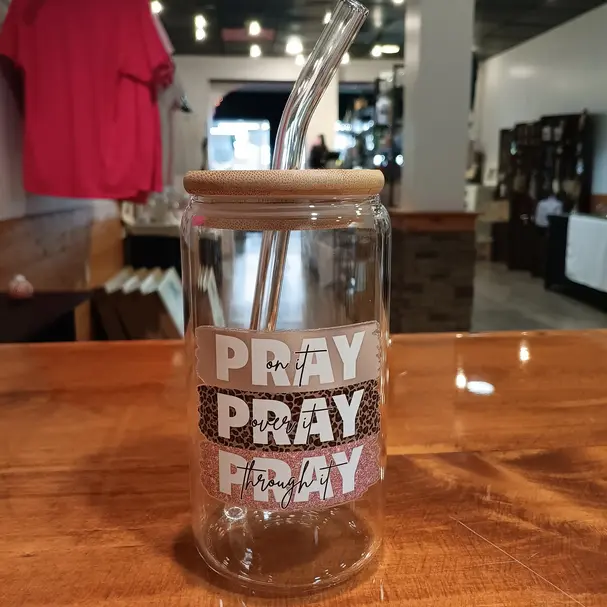 Pray Pray Pray Glass Cup – 16oz Iced Coffee Tumbler with Bamboo Lid + Straw | Christian Aesthetic Gift for Women