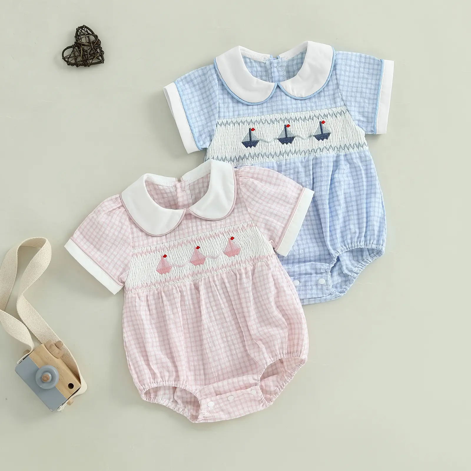 Canrulo Newborn Baby Girl Bubble Romper Sailboat Embroidery Short Sleeve Onesie Smocked Plaid Jumpsuit Summer Clothes 0-2T