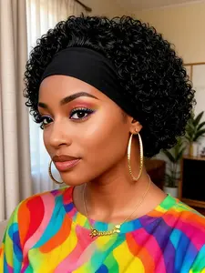 Women Wig with Headband, Human Hair Wigs, Natural 1b Color, 150% Density, Curly Human Hair, Easy to Style, Perfect for Everyday & Parties