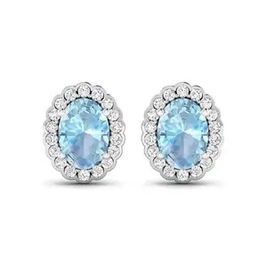 Genuine Aquamarine Diamond Oval Stud Earrings
