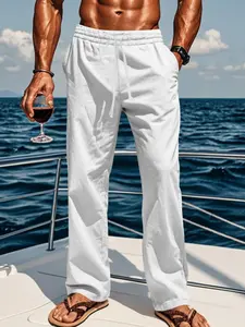 Men's Fashionable Linen Long Pants Fitted for Comfort and Breathability, Simple Solid Color Design for Street Style and Beach Outings, Versatile Casual Wear