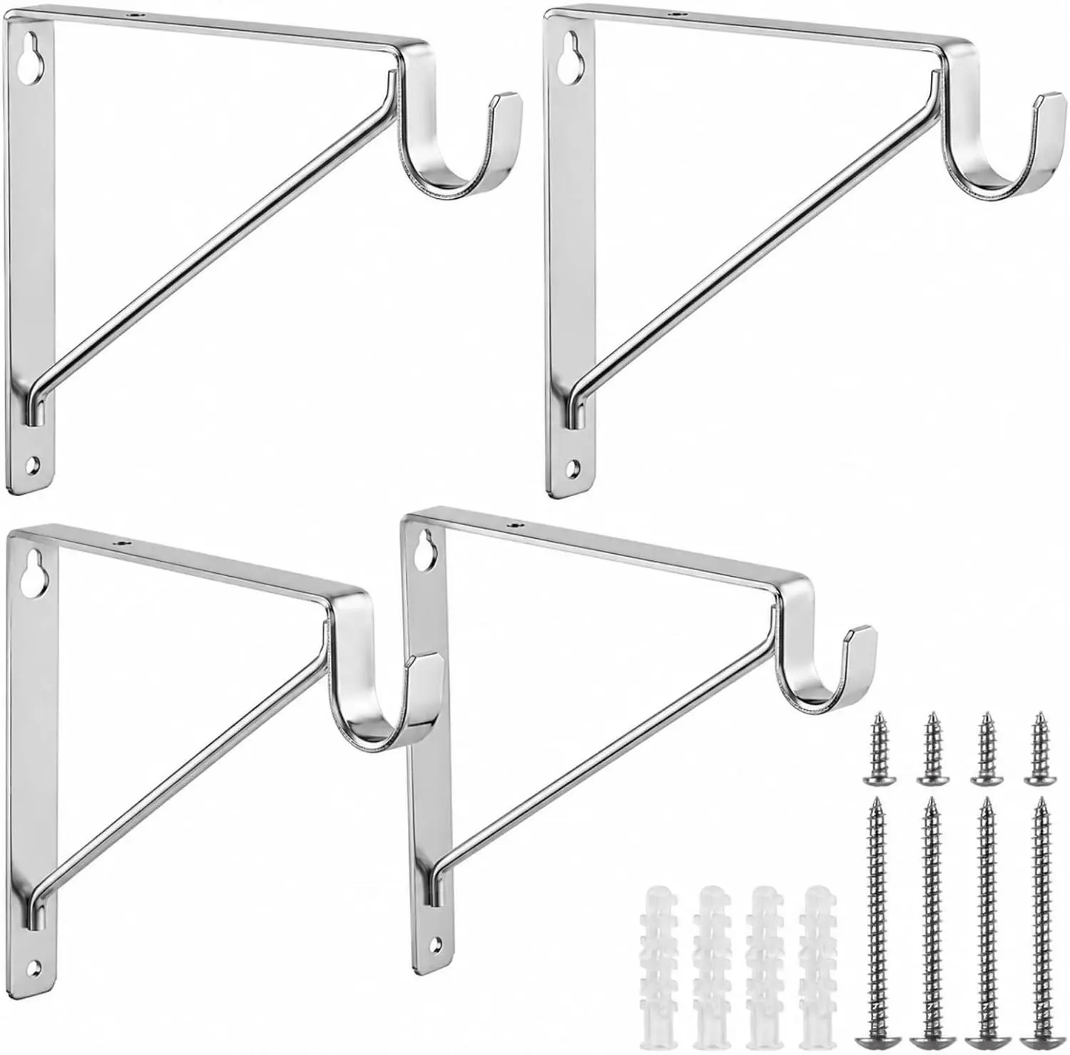 4 Pack Heavy Duty Closet Rod Brackets Holder 11 x 11 x 1 Inch, Electroplated Silver Closet Rod Support Bracket Steel Closet Rod Holders, Wall Mounted Shelf and Rod Support Bracket