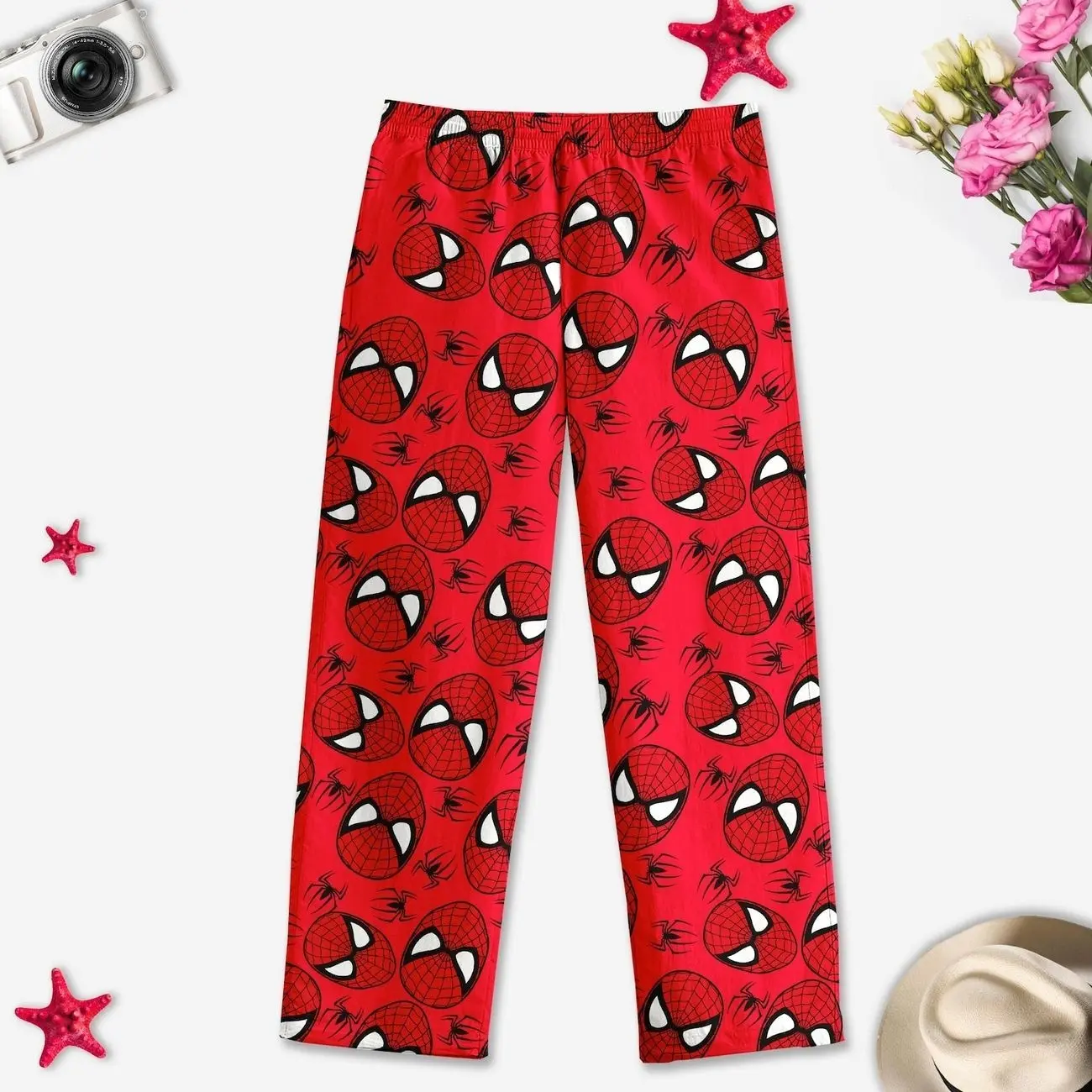 Red Web Hero Cartoon Pajama Pants, Comic Inspired Lounge Pants, Fun Character Sleepwear, Casual PJs for Adults
