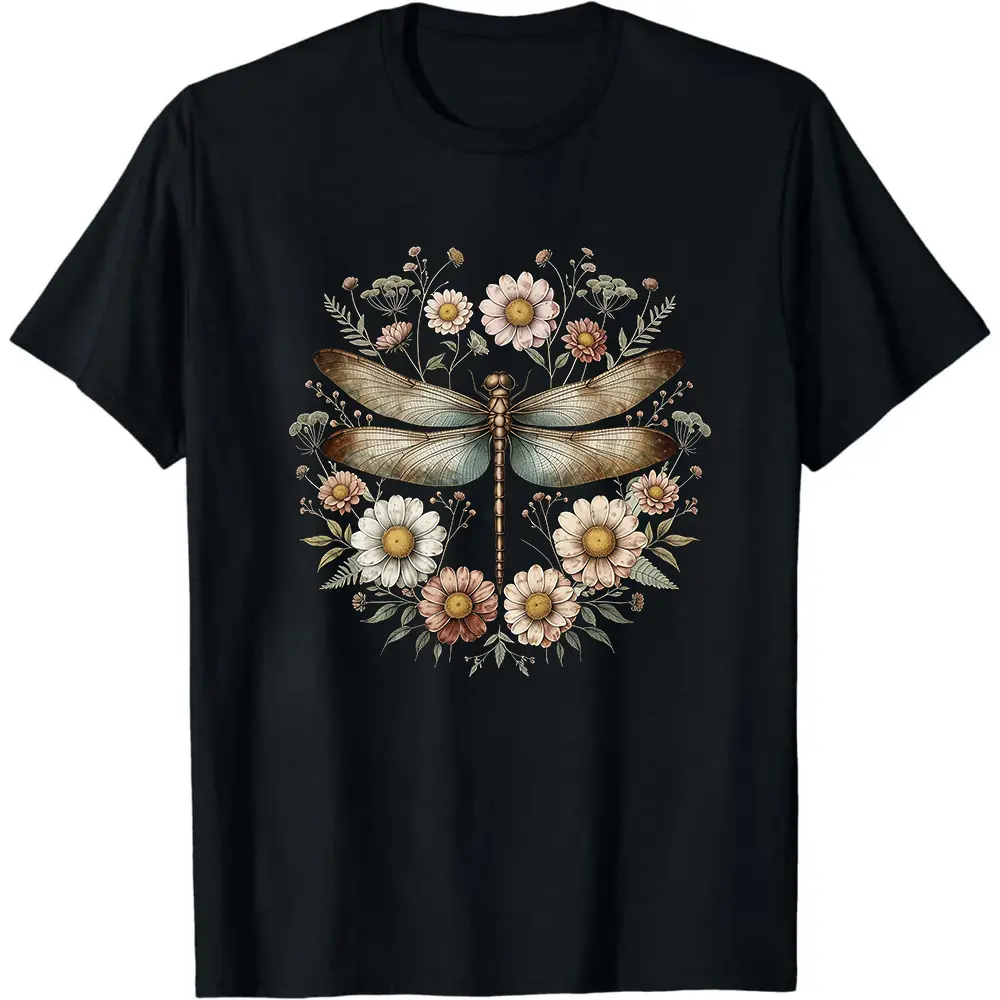 Dragonfly & Wildflower T-Shirt, Nature-Inspired Floral Graphic Tee