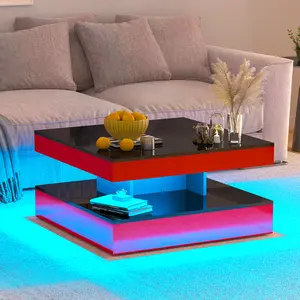 Double sliding twine square red and black coffee table with light design Extendable storage Adaptable to a variety of home styles desk hotel  style  desk  office coffee  table coffee  tables