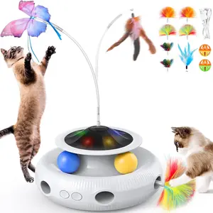 Pawtners 4-in-1 Automatic Interactive Feather Cat Toy, Rechargeable Kitten Play Toy with Fluttering Butterfly, Moving Ambush Feather and Track Balls, USB Powered Indoor Exercise Entertainment Toy for Indoor Cats