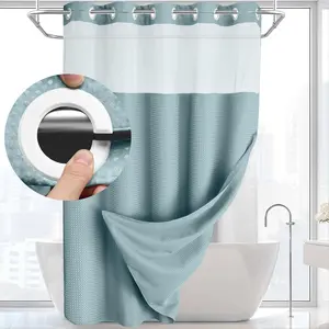 No Hook Shower Curtain with Snap in Liner Set Less Waffle Shower Curtain for Bathroom (Cyan, 87" L x 72" W) Light Waterproof