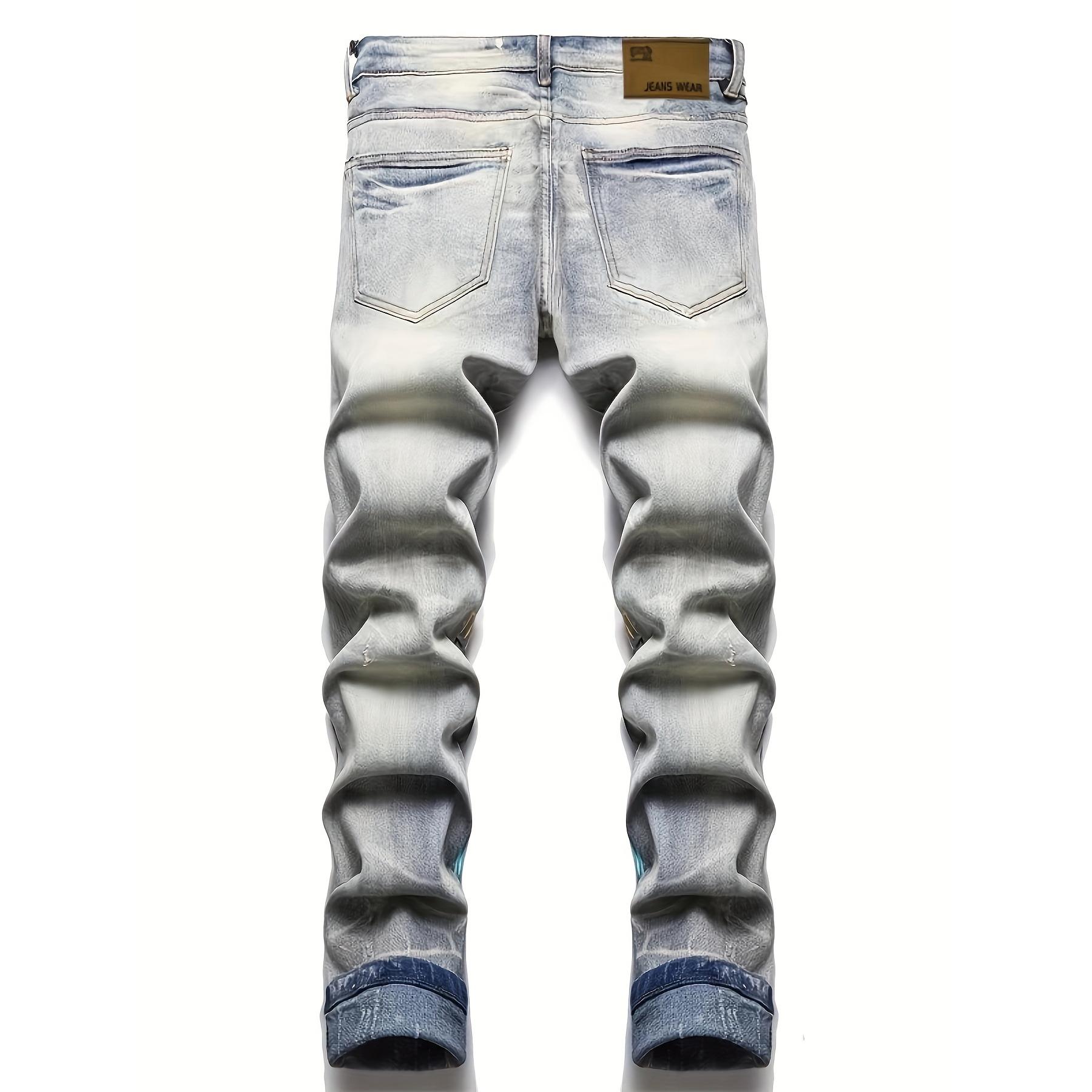 Men’s Y2K straight-leg jeans with rips and prints, European & American fashion trend