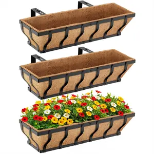 Railing Planter Boxes, Heavy Duty Window Box Planters, Adjustable Balcony Planters for Railing Hanging, with Coco Liner & Support Rod for Deck, Porch, and Patio Gardening (3 Pack, 24 Inch)