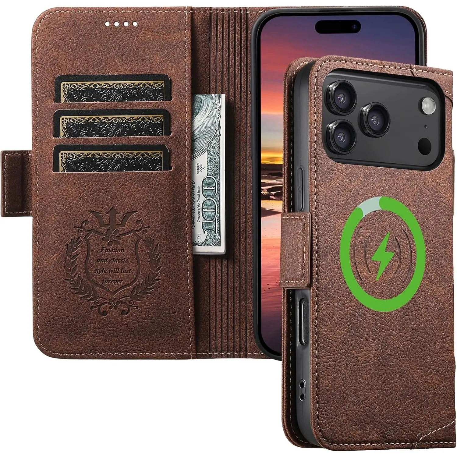 Premium Brown Leather Magnetic Wallet Case for iPhone 17 Pro Max - MagSafe Compatible, Wireless Charging Support, 3 Card Slots, ID Holder, Kickstand, 360-Degree Military Shockproof Protector