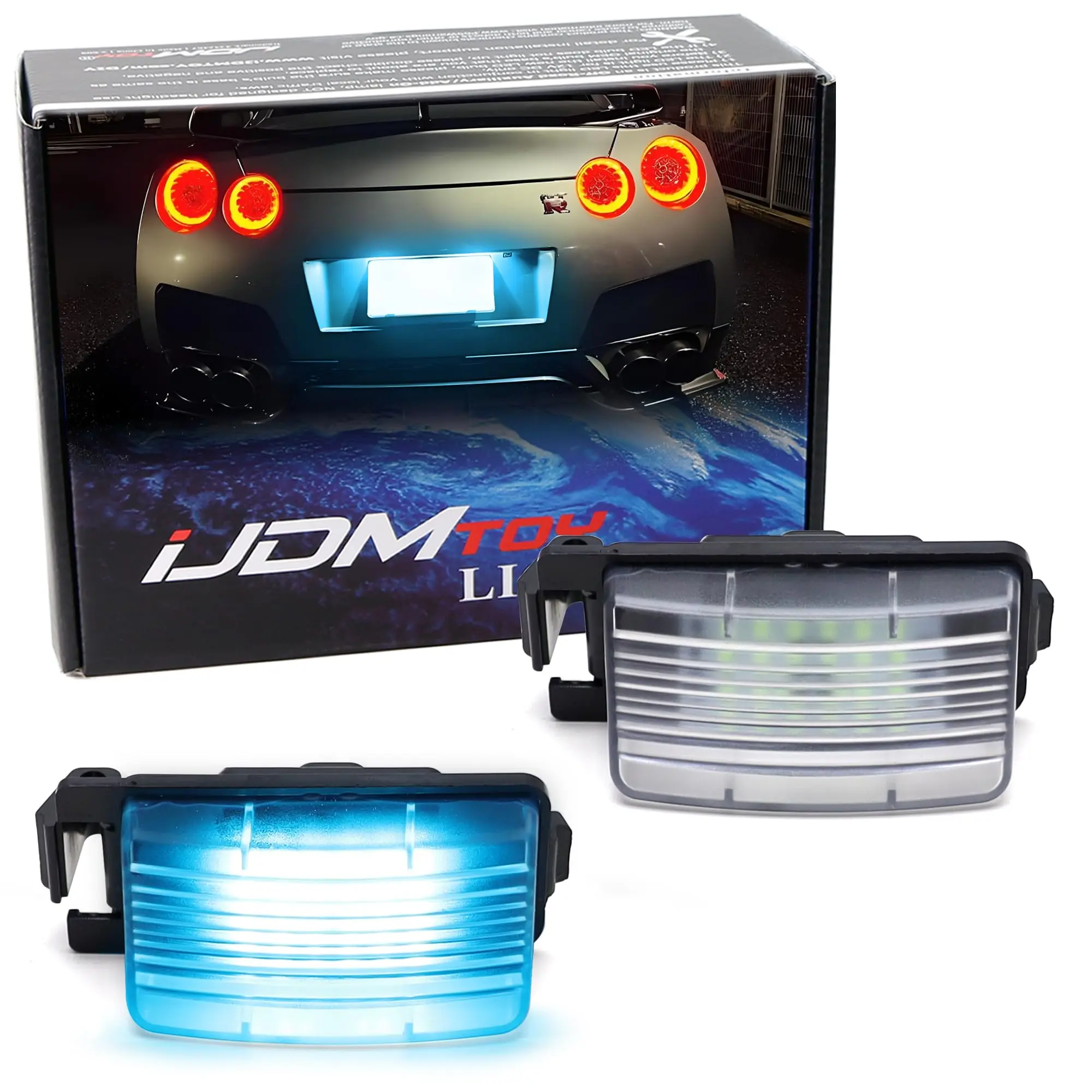 iJDMTOY Ice Blue Full LED License Plate Light Kit For Nissan 350z 370z GT-R Cube Leaf Sentra Versa Infiniti G25 G35 G37 Q60, By 18-SMD Aqua LEDs & Can-bus Error Free