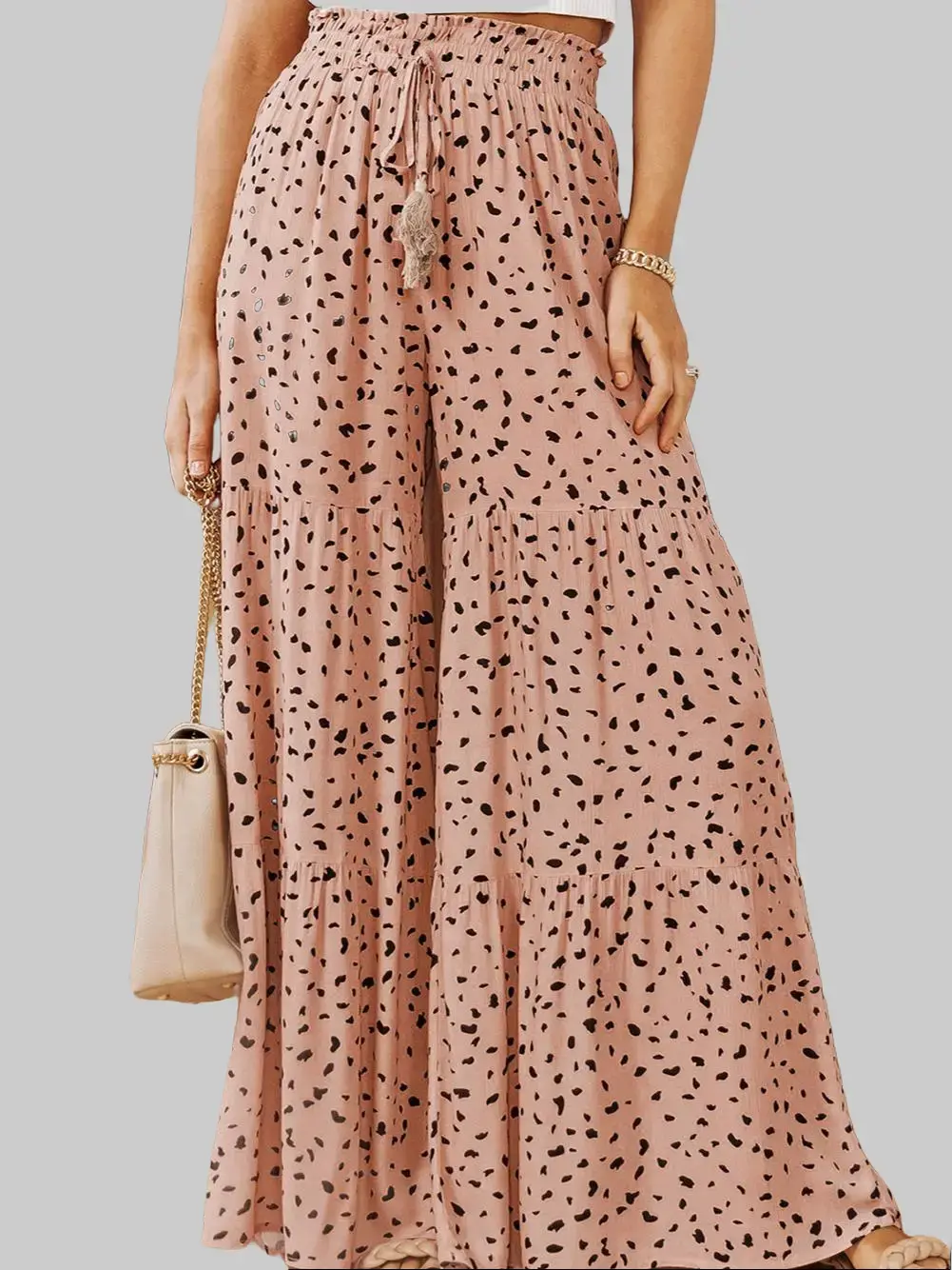 Women Dalmatian Print High Waist Wide Leg Palazzo Pants Tassel Drawstring Country Flowy Trousers