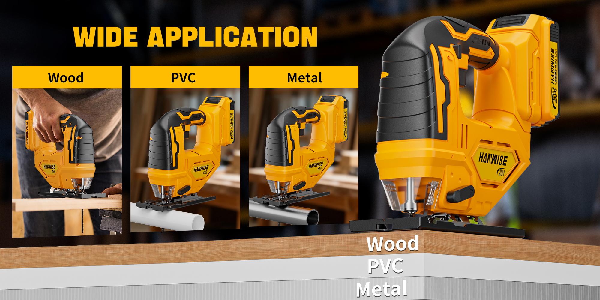 HANWISE wireless hinge saw, 3-speed track, 45 ° oblique cut, LED work light and safety button, tool free blade replacement, suitable for wood metal cutting for curved/straight/oblique/circular cutting, ergonomically designed