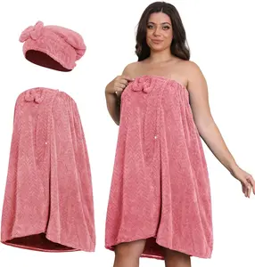 Plus Size Bath Skirt & Shower Cap, Bath Towel Wrap and Shower Cap Set Plus Size, Adjustable Women Comfortable Spa Bathrobe, Oversized Body Wrap Button Design + Hair Drying Towel(Pink,XXX-L)