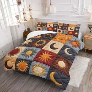 Sun & Moon Pattern Quilted Comforter Set, Bohemian Patchwork Style Design Bedding Set, Including 1 Quilt and 1/2 Pillowcase, No Pillow Core, Warm Breathable, Machine Washable for Bedroom Decoration and Camping Warmth