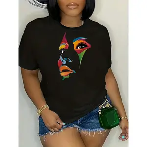 Abstract Oversized Printed Women'S T-Shirt,Women's Round Neck Pure T-shirt with Simple Design, Comfortable and Breathable, Suitable for Daily Casual Wear, Showcasing Natural and Elegant Style