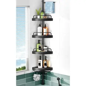 Corner Shower Tension Pole: 4 Tier Shampoo Organizer for Inside Shower - Rod Shower Rack for and - Restroom Standing Bath Rack Holder Black