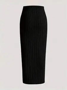 Elegant High Waist Bodycon Fit Knit Midi Skirt, Women's Chic Fashion Pleated Long Dress, Versatile Plain Color Design, Perfect for All Occasions, Womenswear