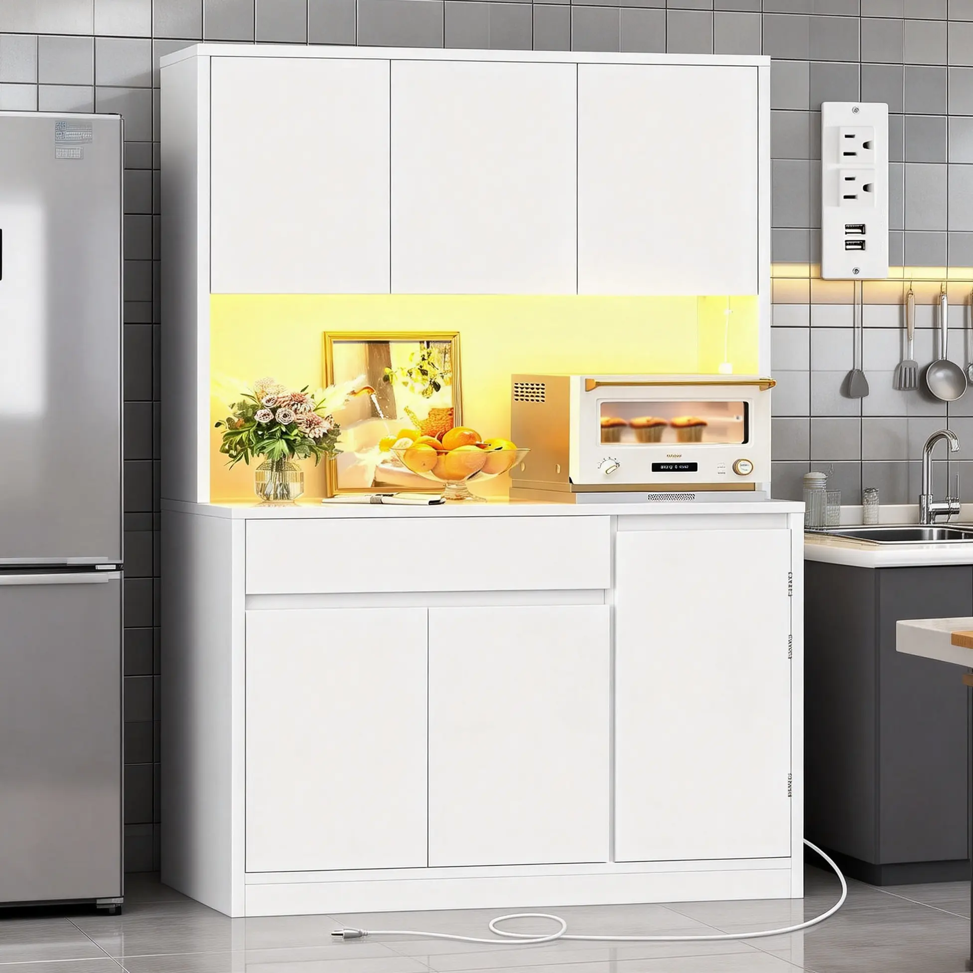 Kitchen Pantry Cabinet with Adjustable Shelf, Tall Storage Cabinet with 8 Door Shelves & 1 Drawer,  Pantry Cabinet with Adjustable RGB Light Strips, Food Pantry Cabinets for Kitchen, Dining Room, Living Room. campingessentials