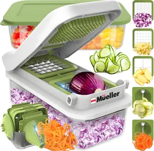 Mueller Pro-Series V Blade Veggie Chopper Egg Slicer Spiralizer Dicer Cutter Food Chopper Gifts for Mom Kitchen Accessories & Essentials with Food Container Lid White Sand Green - Utensils