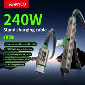 240W USB C Charging Cable with Phone Stand, 2-in-1 Fast Charging Cord with 90° Elbow, 48-Braided Nylon, 480Mbps Data Transfer, Compatible with iPhone 15/16/17, MacBook, Laptop, Samsung Galaxy