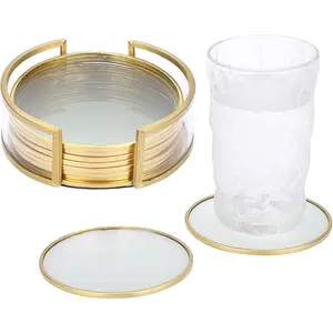 Set of 8 Glass Round Coasters with Holder, Golden Brass Coasters for Drinks Glass Cup Coaster Set Modern Coaster Cups Mats Decor for Restaurant Kitchen Bar Dining Table