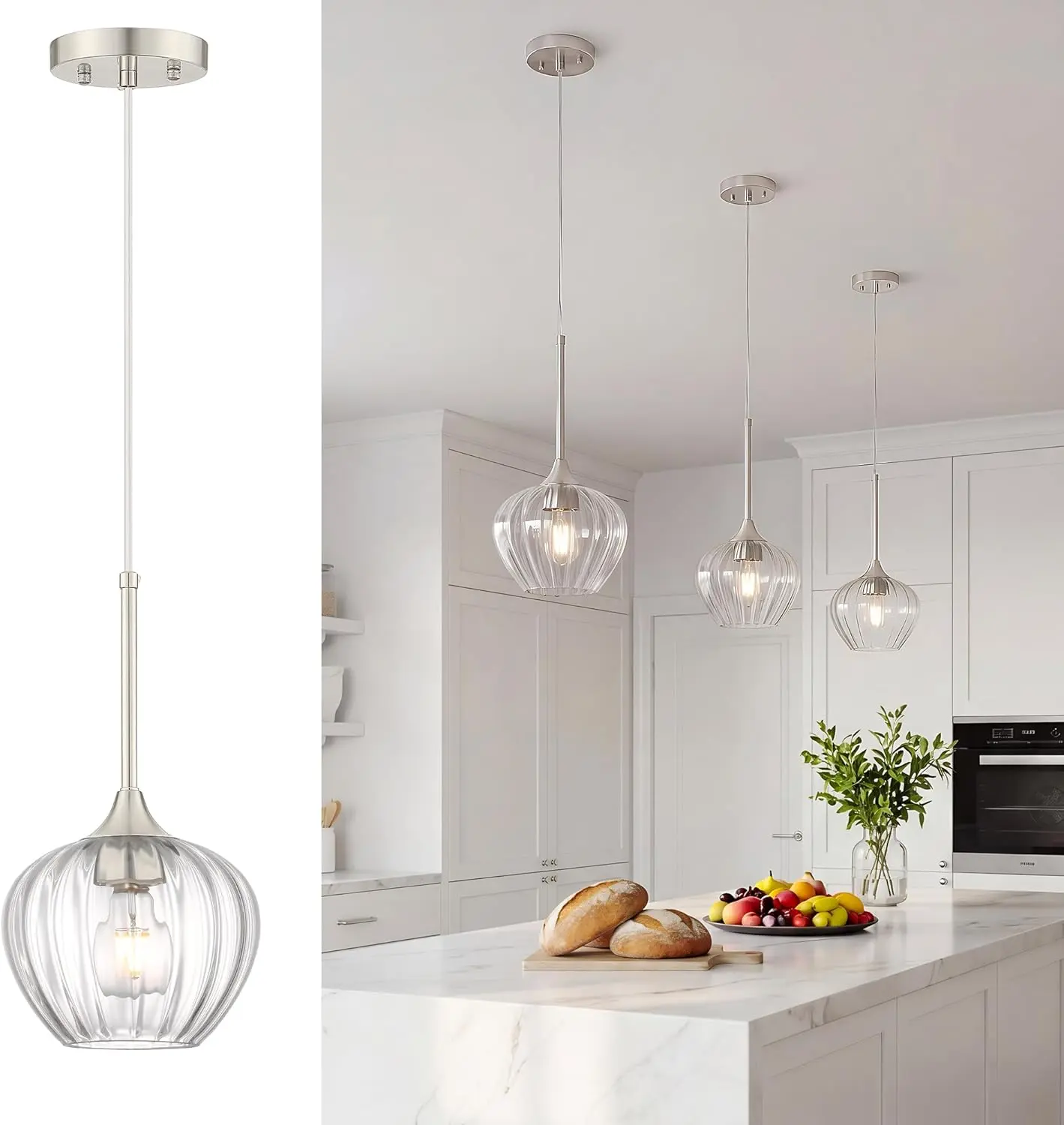 Glass Pendant Lights for Kitchen Island, 7" Modern Brushed Nickel Mini Hanging Light Fixtures, Adjustable Glass Pendant Lamp for Sink, Bathroom, Dining Room & Home Decor