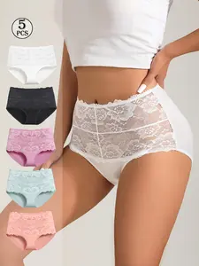 Women's High Waist Lace Patchwork Panties, French Country Style Triangle Underwear, Comfortable Soft Mesh Lace Flower Full Coverage Set