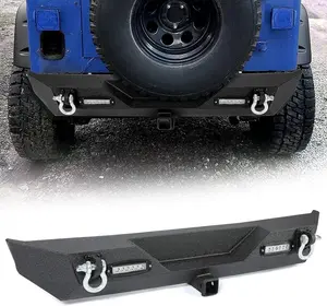 Rear Bumper Compatible with 1987-2006 Jeep Wrangler TJ YJ With LED Lights 2" Hitch Receiver D-rings Off-Road Style Black Texture