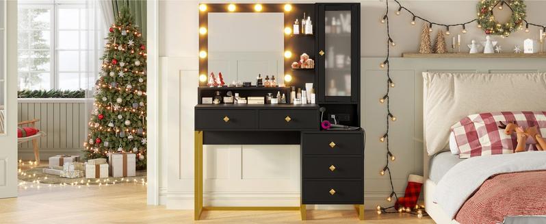 Sikaic Large Makeup Vanity with Nightstand Mirror and Lights & Charging Station 5 Drawers and Storage Shelves