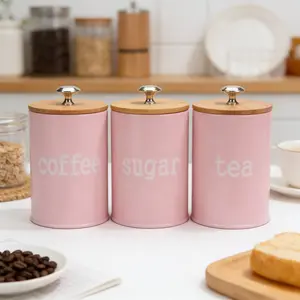 Set of 3 Metal Food Storage Tin Canister Jar with BambooLid Containers Cover for Kitchen Elegant & FunctionalStorage Solution，Pink Storage