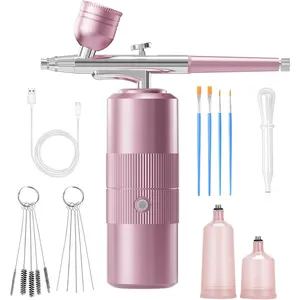 Portable Cordless Rechargeable 48PSI High-Pressure Non-Clogging Airbrush Kit with Compressor 0.3mm Nozzle and Cleaning Brush for Painting Nail Art Makeup Pink