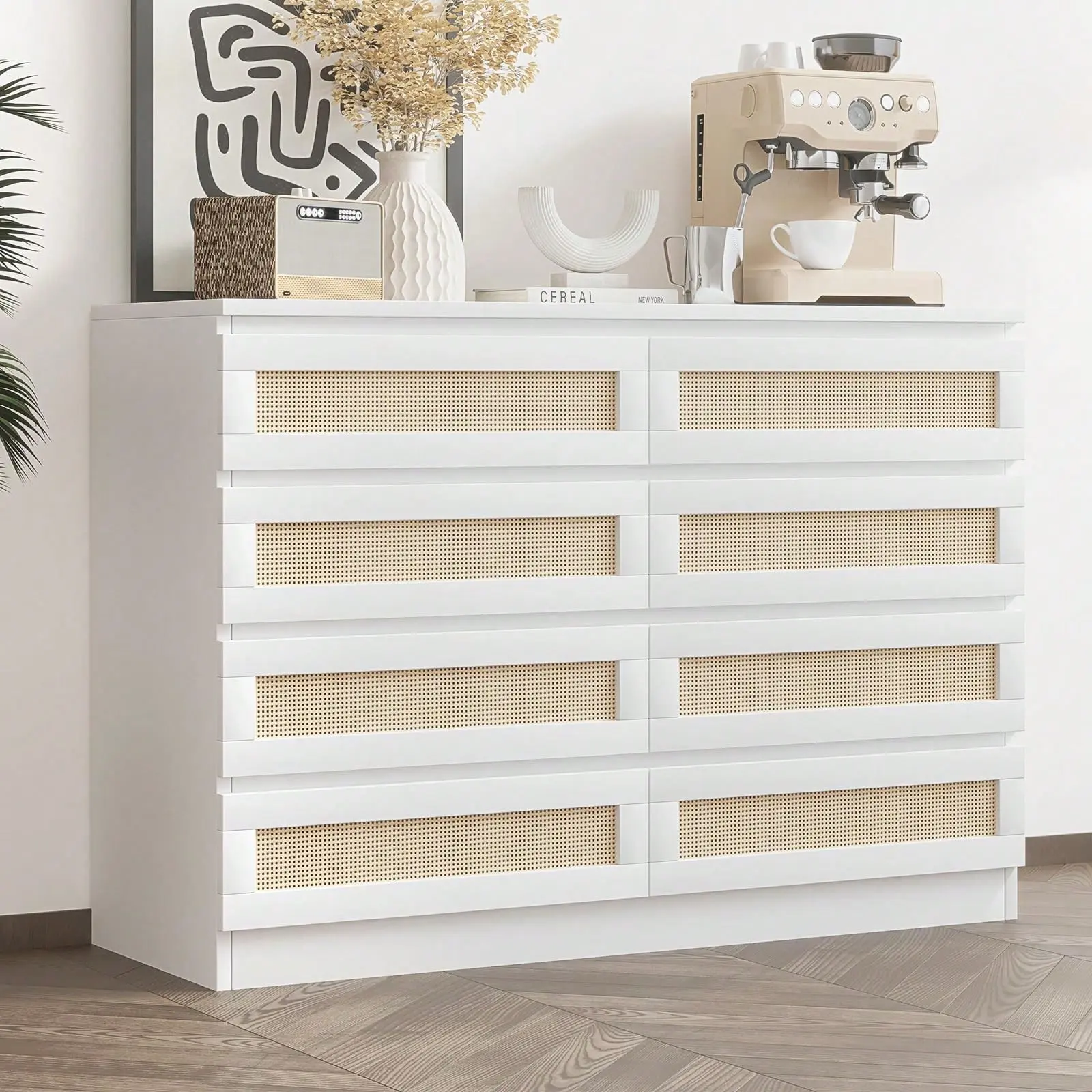 GARVEE 8 Drawer Double Dresser For Bedroom, Rattan Chest Of Dressers, Modern Wooden Dresser Chest