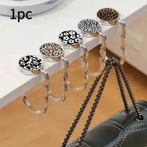 1pcs 2d leopard print black and white geometric zinc alloy wallet hook, casual style foldable handbag hook, portable desktop bag holder, suitable for home and retail use