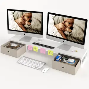 39 Inch Dual Monitor Stand Riser with 2 Drawers - Large White Wooden Computer Stand for 2 Monitors, Ergonomic Desk Organizer with Phone Holder, Desktop Storage for Laptop, Office Supplies for Home Office
