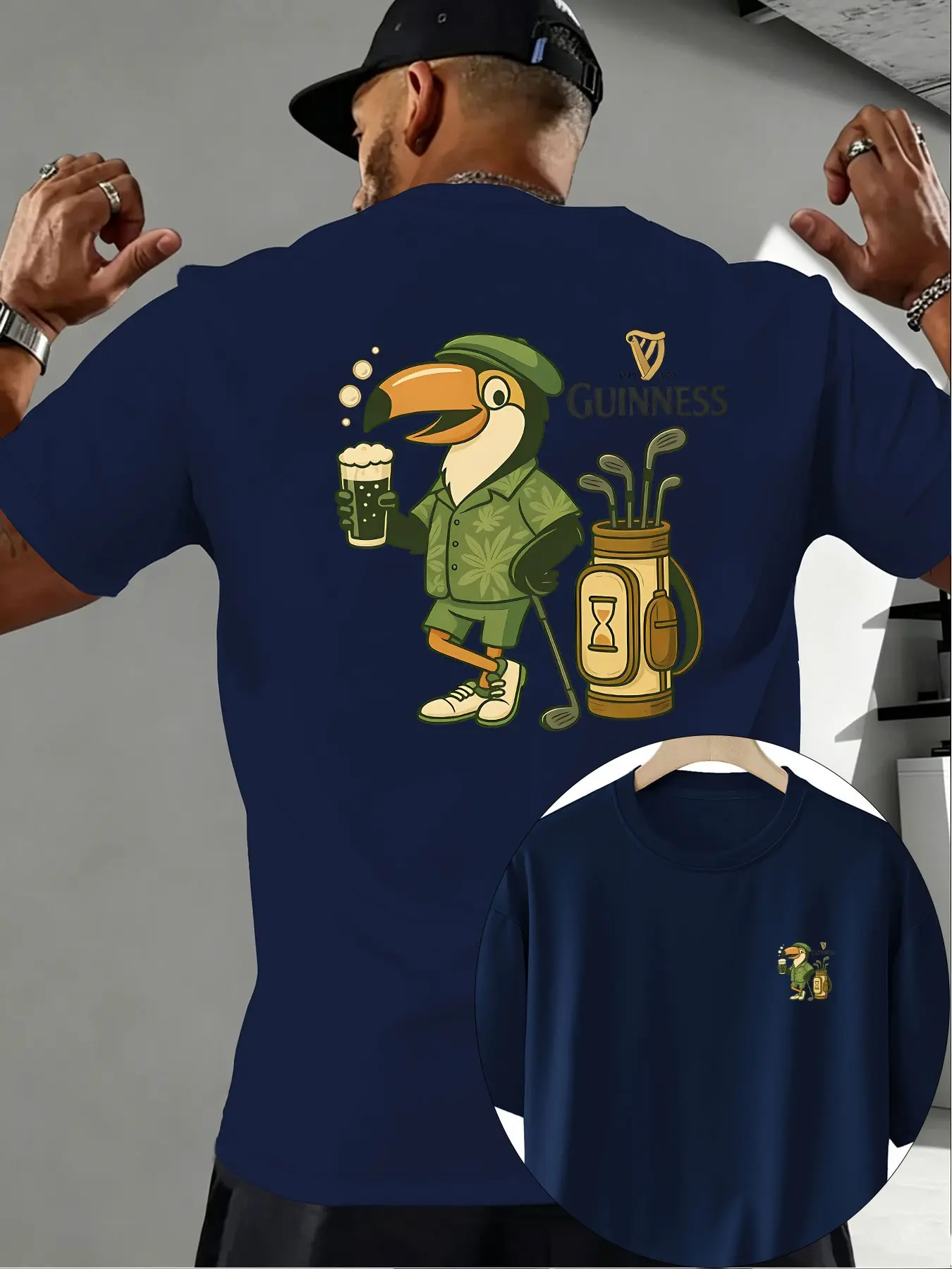 Men's Casual Classic Streetwear Long Fitted Round Neck T-Shirt, Guinness Cartoon Woodpecker Print, Knit Fabric, Comfortable for Leisure and Home Wear