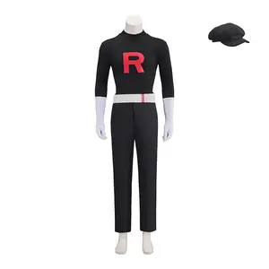 Men‘s Team Rocket Grunt Cosplay Costume Black Uniform with Hat Outfit