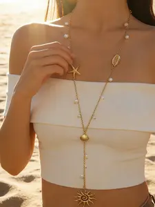 18K Gold Plated Stainless Steel Coastal Cowrie Shell Starfish Necklace for Women, Boho Summer Beach Resin Pearl Y-Lariat Chain, Sun Pendant Jewelry