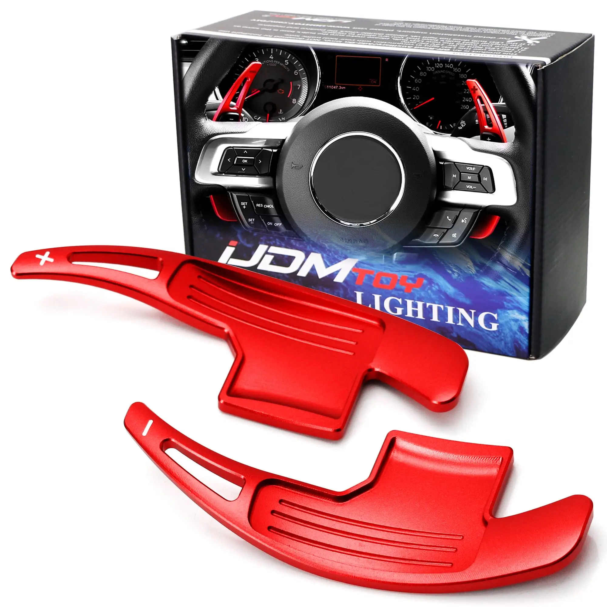 iJDMTOY Sports Red Aluminum Large Paddle Extensions For 2015-2023 Ford Mustang