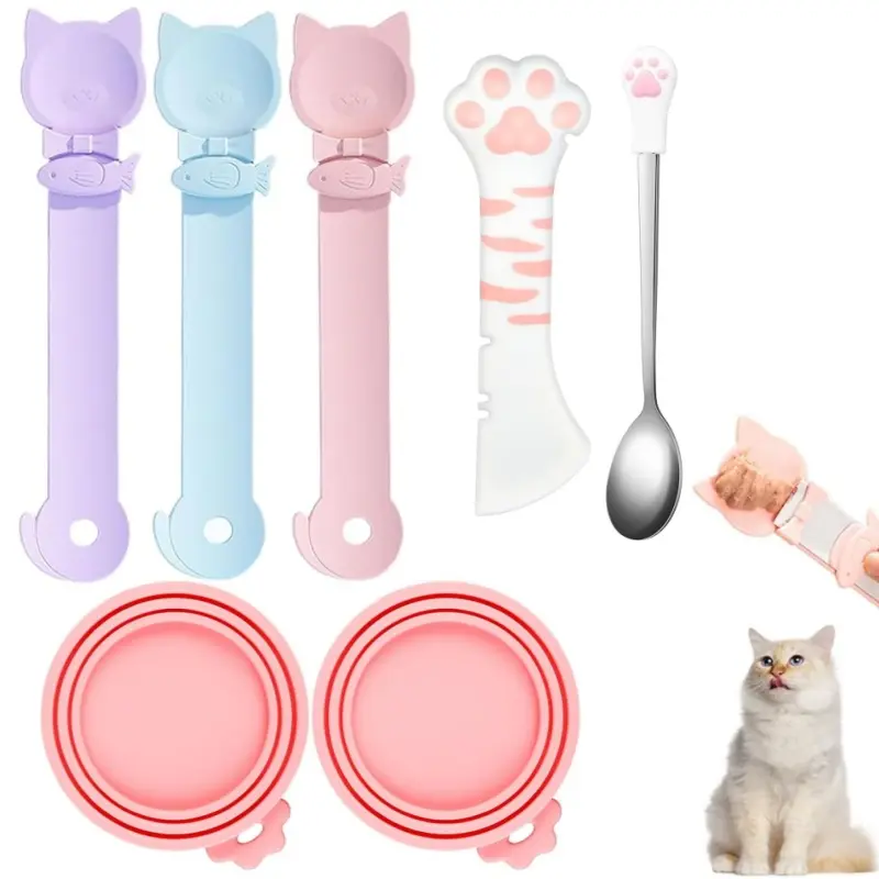 Cute Paw-Shape 7pcs Compact Cat Pet Can Feeding Tools Set - Silicone Can Opener, Reusable Can Covers, Multi-Use Portion Control Measuring Spoons for Wet Food Storage, Easy to Store & Clean