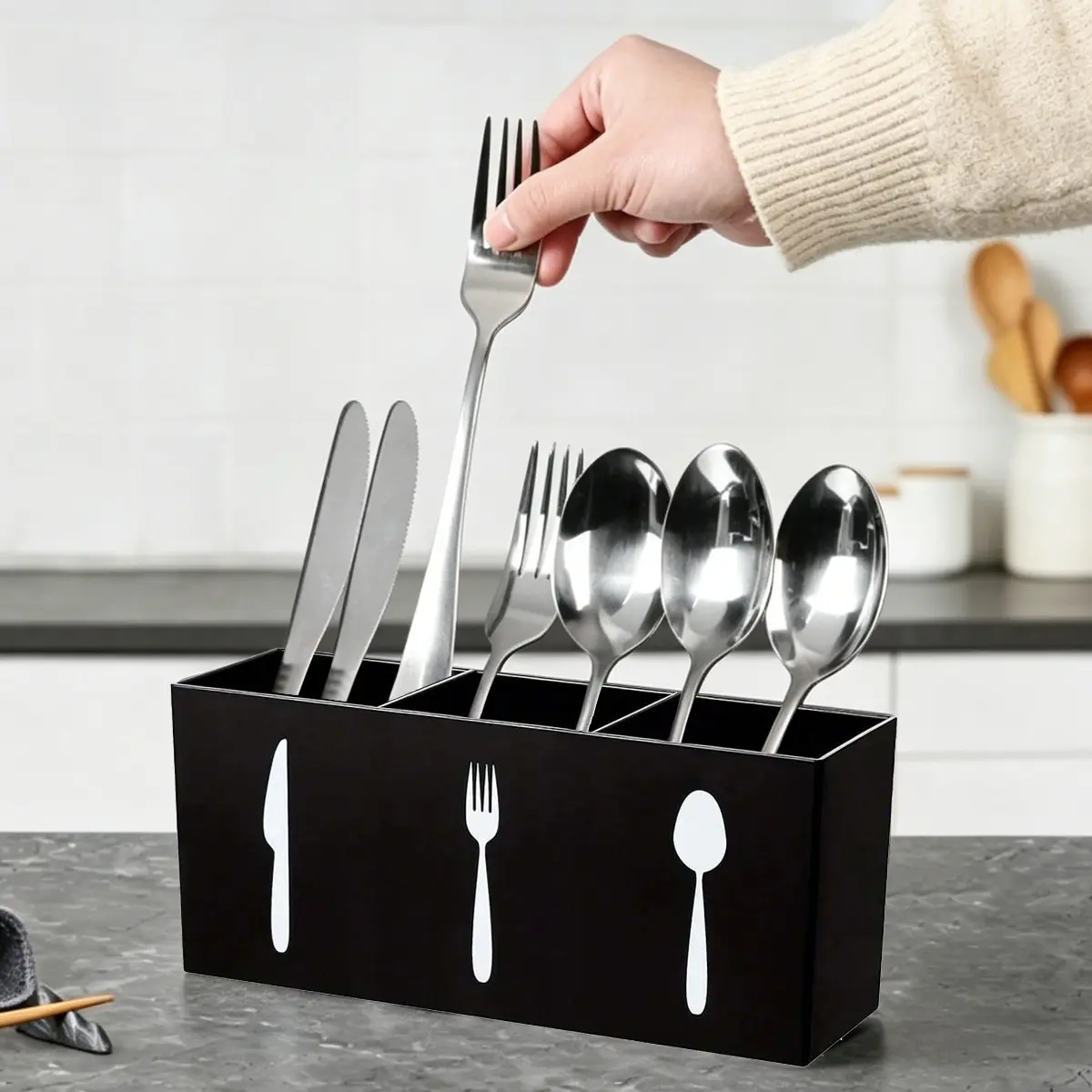 Transparent Plastic Silverware Organizer Box, 3 Compartment Cutlery Holder for Party Kitchen Counter, Spoon Fork Knife Storage Rack