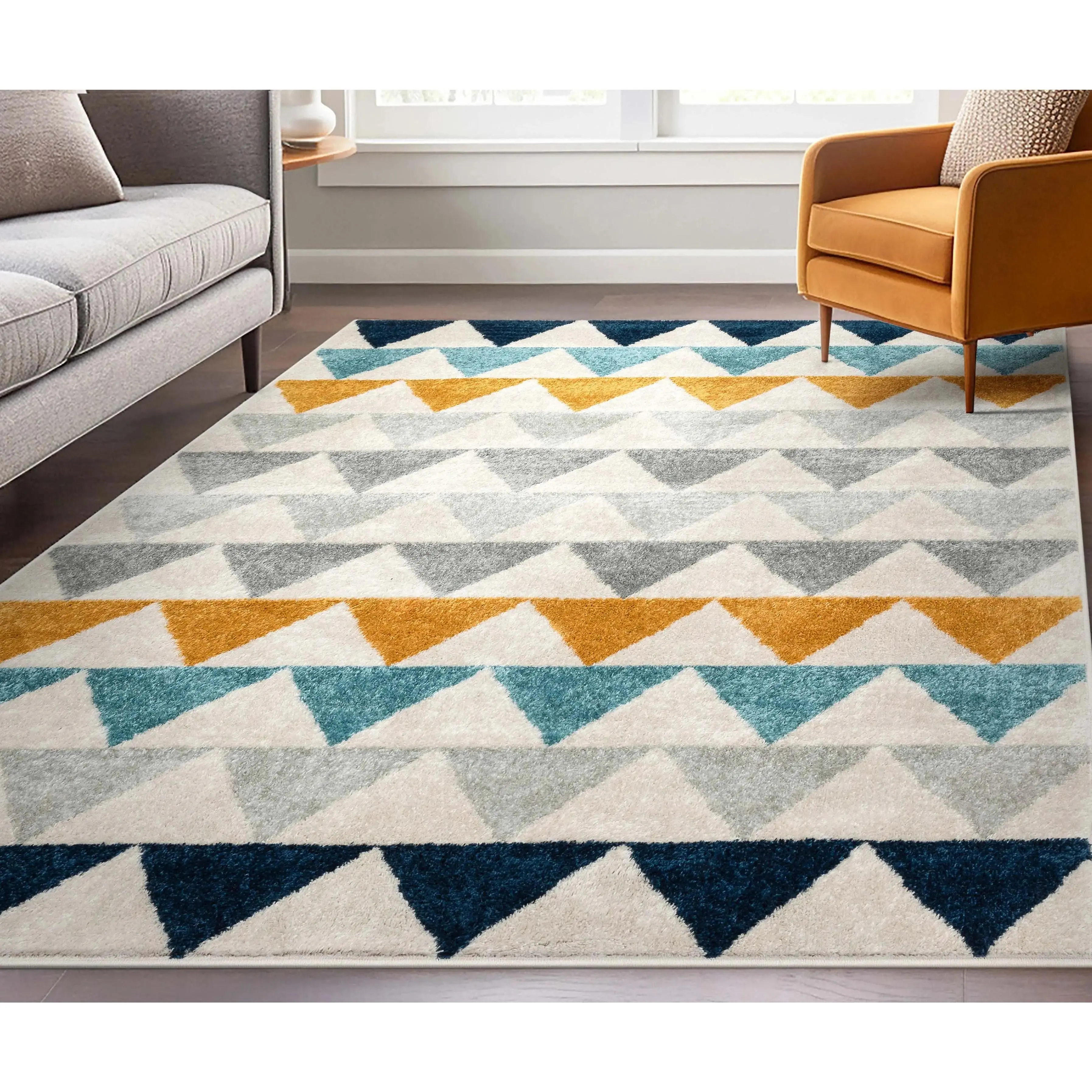 Nova Ivory Modern Scandinavian Rug - Geometric Triangle Design, Durable & Stain Resistant