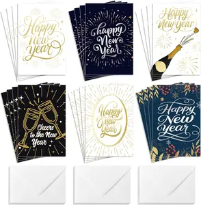 Happy New Year Cards with Envelopes,24 Pack Boxed Set,Classic Foil Holiday Greeting Cards Bulk with Printed Message inside for Family,Friends Frelimiu