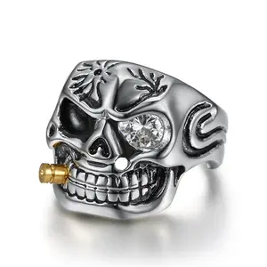 Men's Luxury Dark Gothic Iced Out Anti-Rust Stainless Steel Ring - Skull Motif, Synthetic Zircons, Geometric-Shaped Witchy Jewelry for Daily, Party Wear, Dark Gothic Rings
