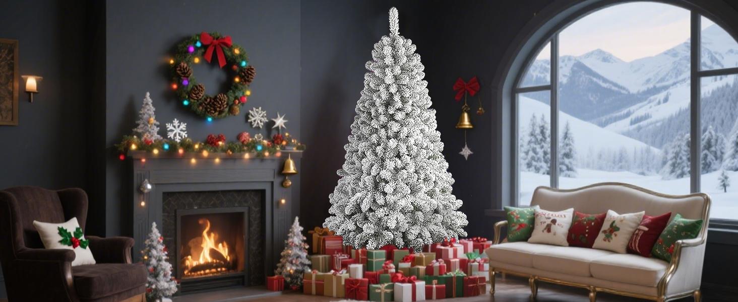 SHareconn 12FT Pre-Lit RGB Snow Flocked Christmas Tree with 1090 Lights 3300 Branches Remote Control Hinged Design Ideal Xmas Decoration